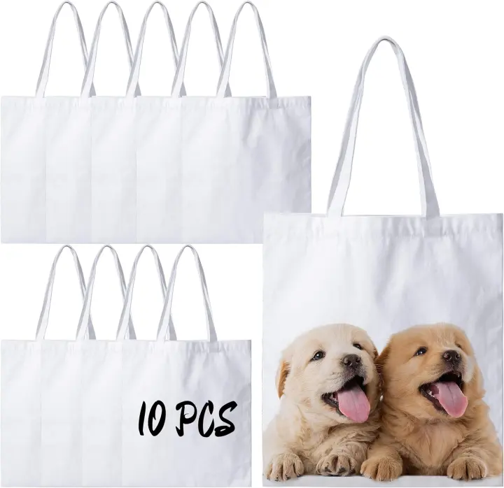 10-Pack White Sublimation Canvas Tote Bags (Polyester/Cotton)