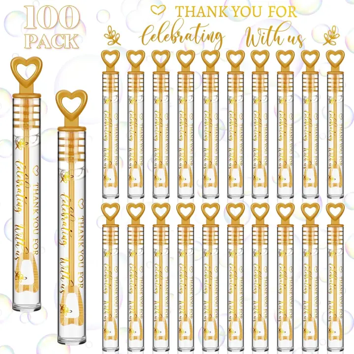 100-Pack Gold Heart Wedding Bubble Wands — Party Favor Set