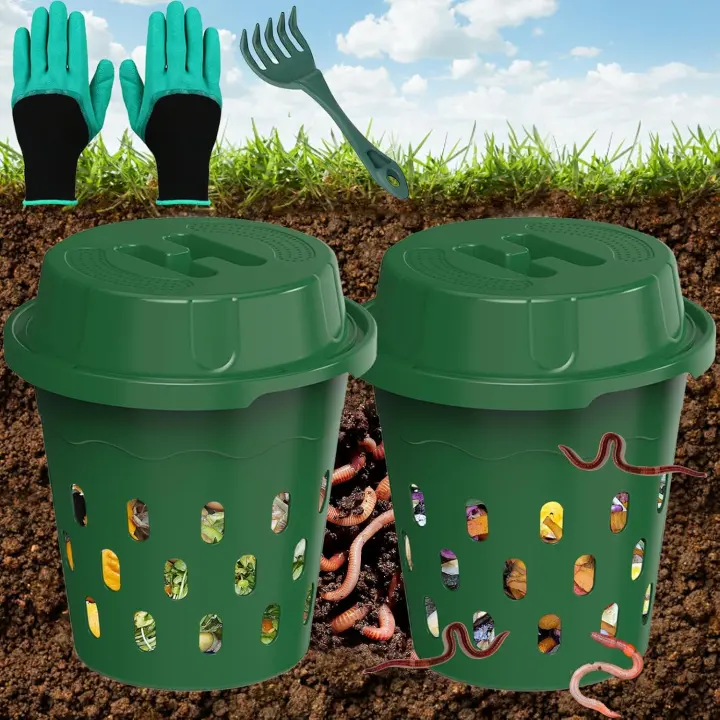 2-Pack Inground Worm Composter Set — Outdoor Vermicomposting Bins