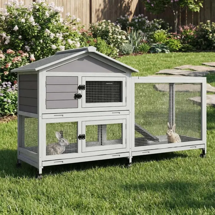 2-Story Wooden Rabbit Hutch and Chicken Coop with Removable Tray