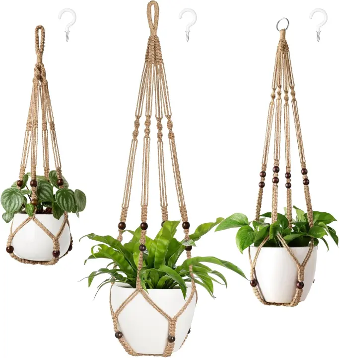 3-Pack Macrame Hanging Plant Hangers — Brown Indoor/Outdoor Planters