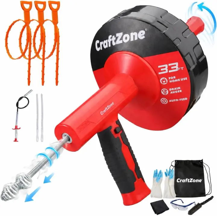 33 ft Drain Auger with Drill Adapter — Retractable Plumbing Snake
