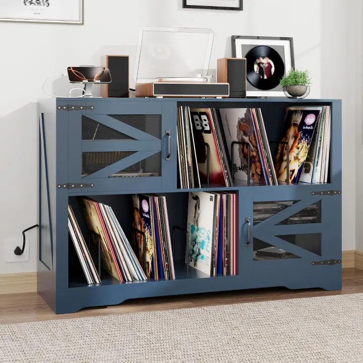 47-Inch Vinyl Record Player Stand with Storage, Power Outlet & Barn Doors