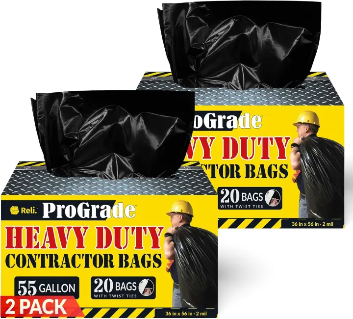 55-Gallon Contractor Trash Bags — Heavy-Duty Liners