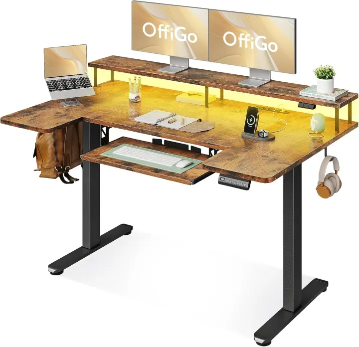 55-Inch U-Shaped Electric Standing Desk with Keyboard Tray (Rustic Brown)