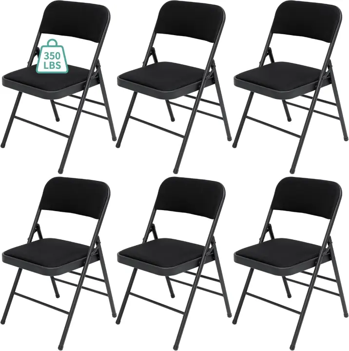 6-Pack Padded Fabric Folding Chairs — Steel Frame, Black