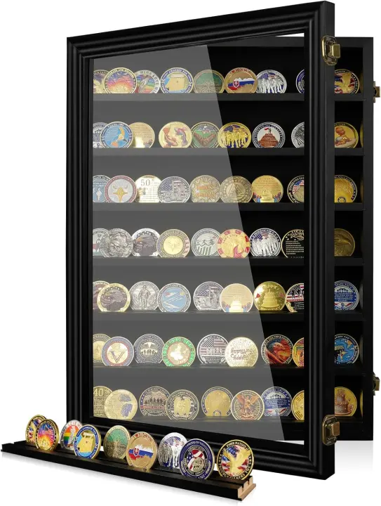 7-Row Wooden Military Challenge Coin Display Case — Tempered Glass, 100 Coins