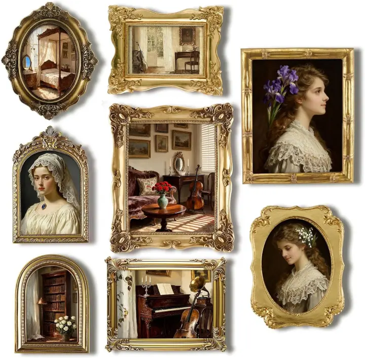 8-Piece Vintage Picture Frame Set — Antique Gold Gallery Frames
