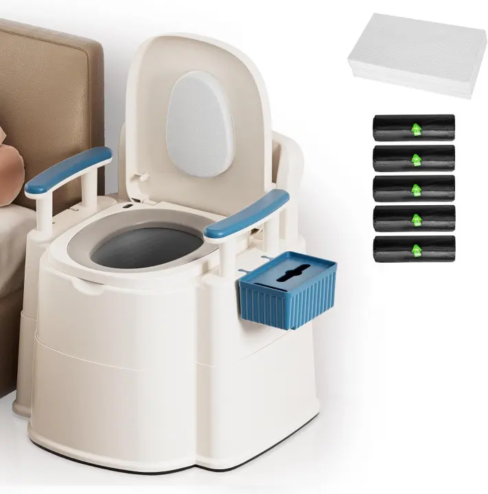 Adjustable Bedside Commode for Adults with Liners & Absorbent Pads