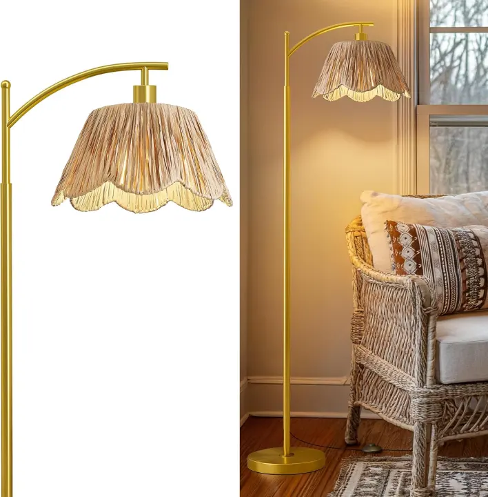 Arc Rattan Floor Lamp — Boho Handwoven Shade Standing Lamp