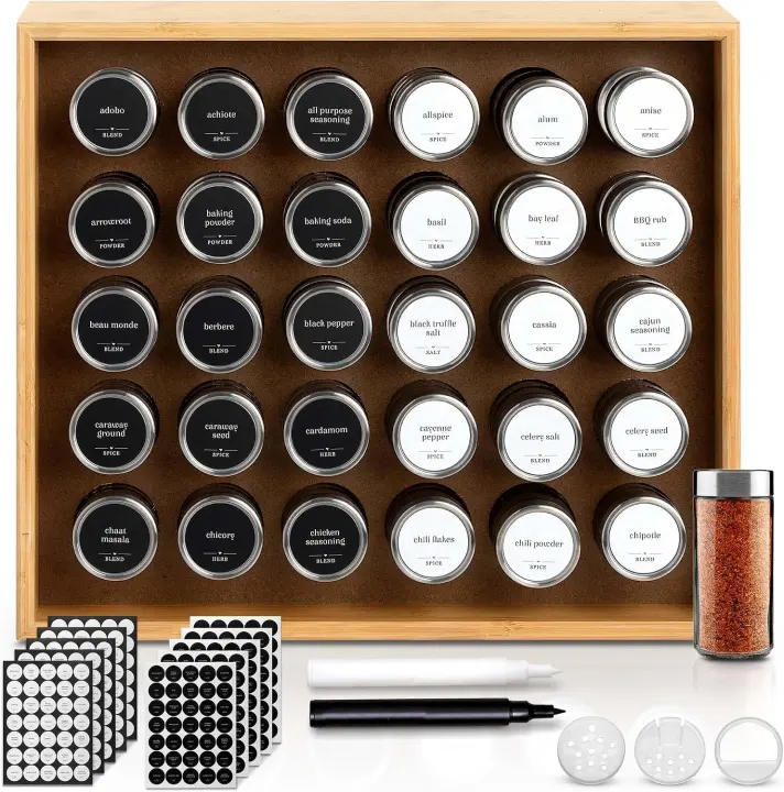 Bamboo 30-Jar Wooden Spice Rack Organizer with Glass Jars & Labels
