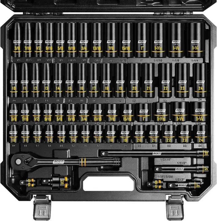 BOEN 1/2" Drive Impact Socket Set — 65-Piece SAE & Metric Kit