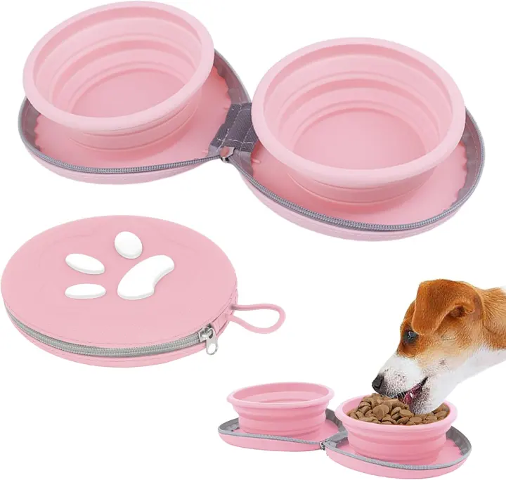 Collapsible Dog Bowls 2-in-1 Travel Feeder — Pink