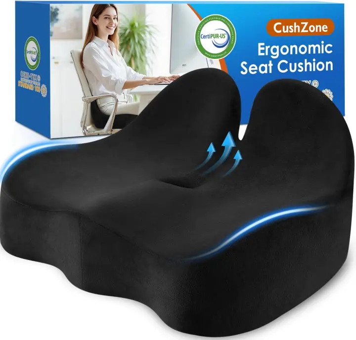 CushZone Ergonomic Seat Cushion — Sciatica & Tailbone Support (Black)