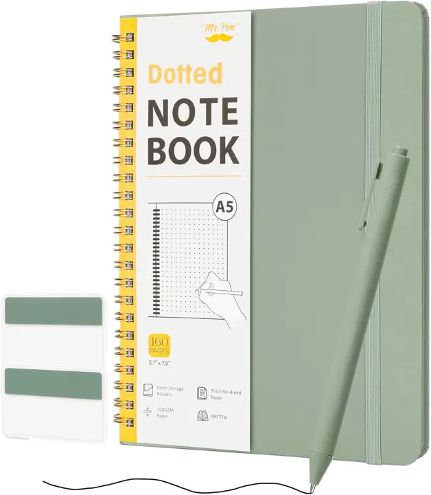 Dotted A5 Spiral Journal Set — 160-Page Notebook with Pen & Tabs