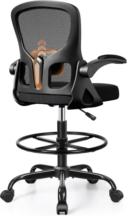 Drafting Chair — Tall Mesh Office Stool with Flip-Up Arms & Foot Ring