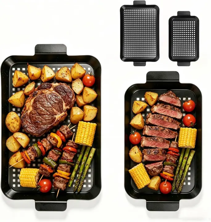 Enamel Non‑Stick Outdoor Grill Pans — Perforated Grill Toppers (Set of 2)