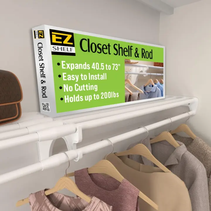 EZ SHELF Closet Shelf with Hanging Rod — Extends 40.5–73", White