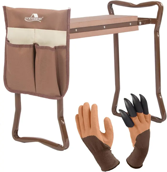 Folding Garden Kneeler and Seat with Tool Pouch and Gloves — Brown