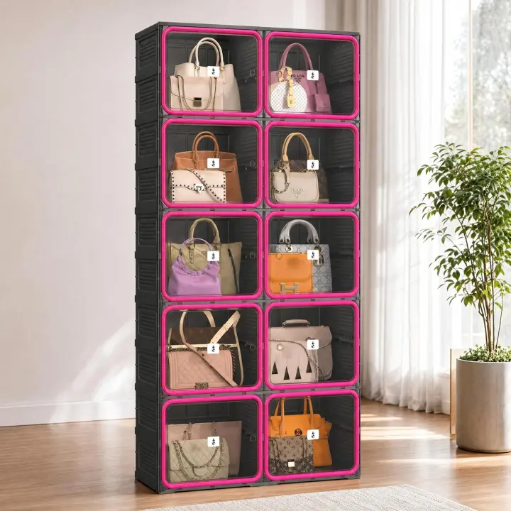 Handbag Display Cabinet — Black Purse Organizer, 5-Tier 10-Cubby