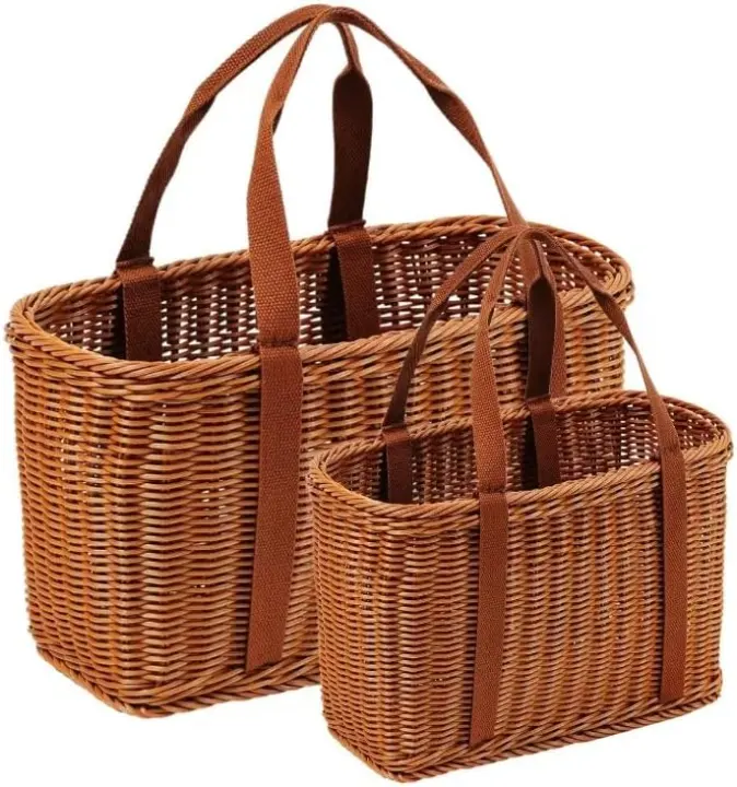 Handwoven Synthetic Rattan Market/Harvest Basket with Handles (S & M)