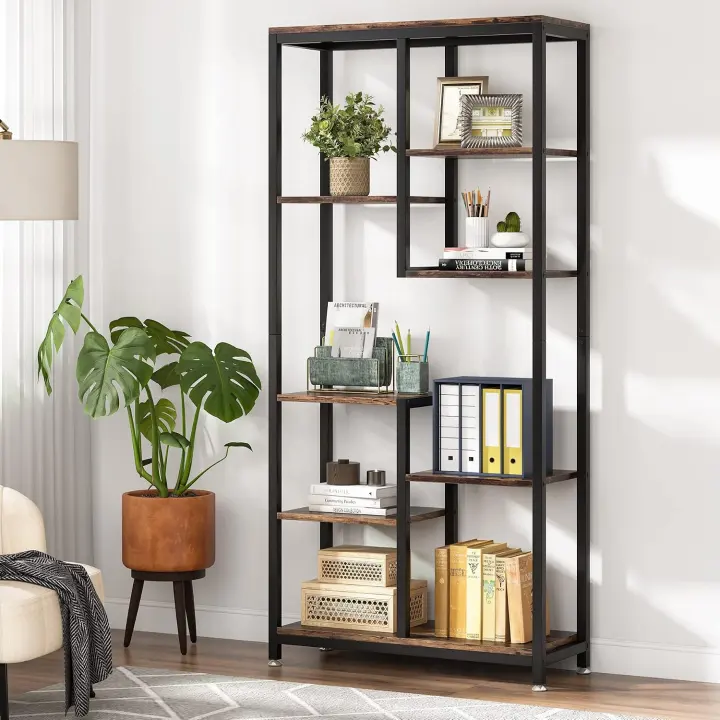 Industrial 6-Tier Tall Bookshelf — 8-Shelf Open Display Bookcase