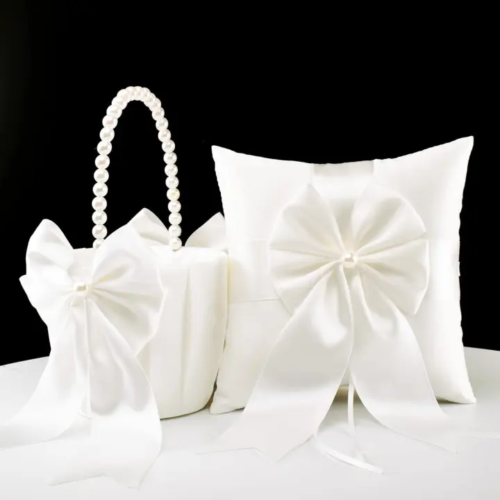 Ivory Flower Girl Basket and Ring Bearer Pillow Set