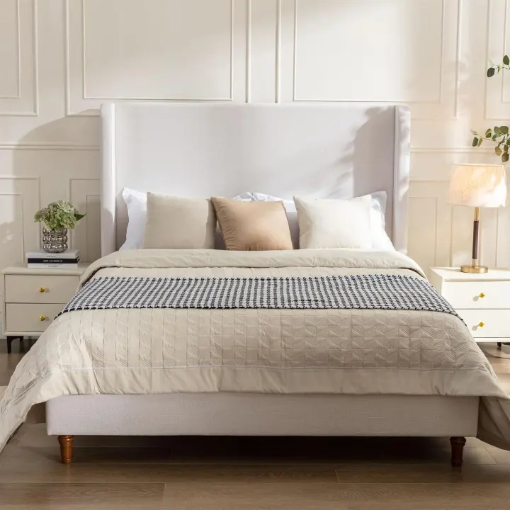 King Wingback Bed Frame with 54in Tall Headboard — Ivory Chenille