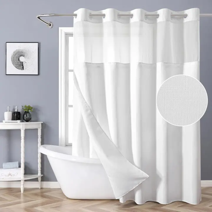 Long No-Hook Fabric Shower Curtain with Snap-In Liner Set