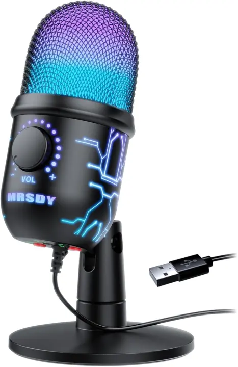 MRSDY USB Gaming Mic for PC — RGB, Noise Reduction, Mute & Gain