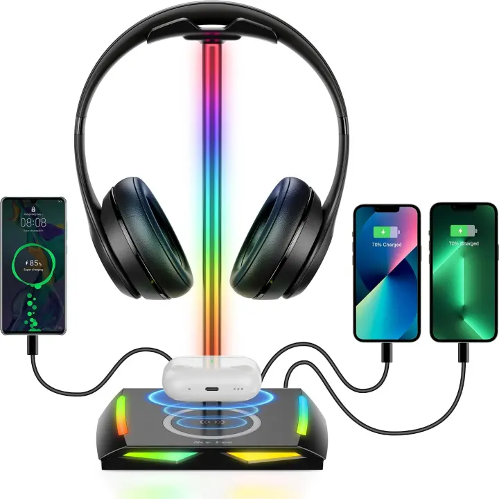 New Bee RGB Headphone Stand with Wireless Charger and USB-C Ports