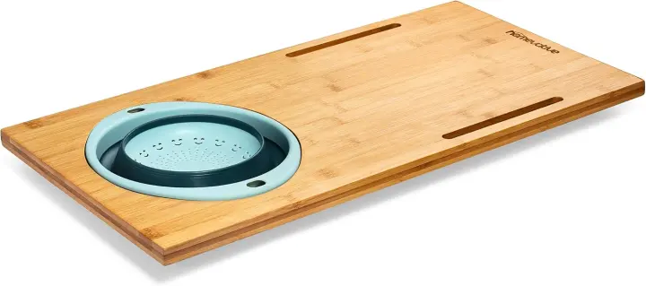 Over-the-Sink Bamboo Cutting Board with Collapsible Silicone Strainer & Phone Slots