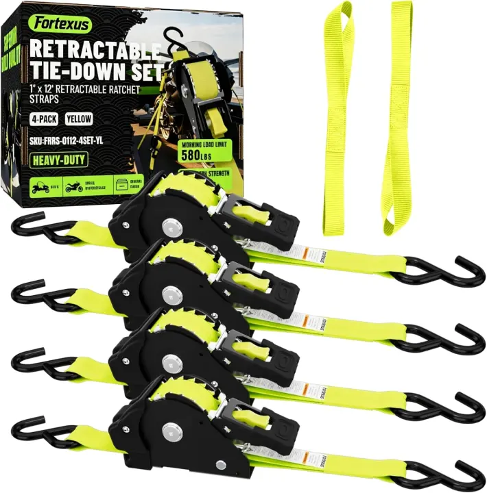 Retractable Ratchet Tie-Down Straps — 4-Pack, 1-inch x 12-foot