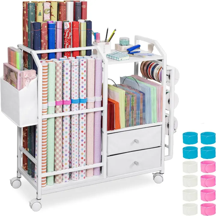 Rolling Gift Wrap Organizer Cart with Drawer and Adjustable Rods