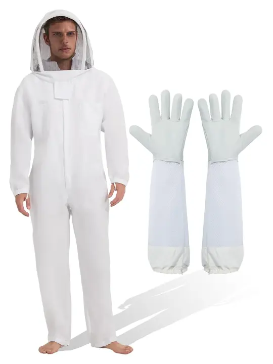 Sting-Resistant Beekeeper Suit with Veil & Goat Leather Gloves, XL