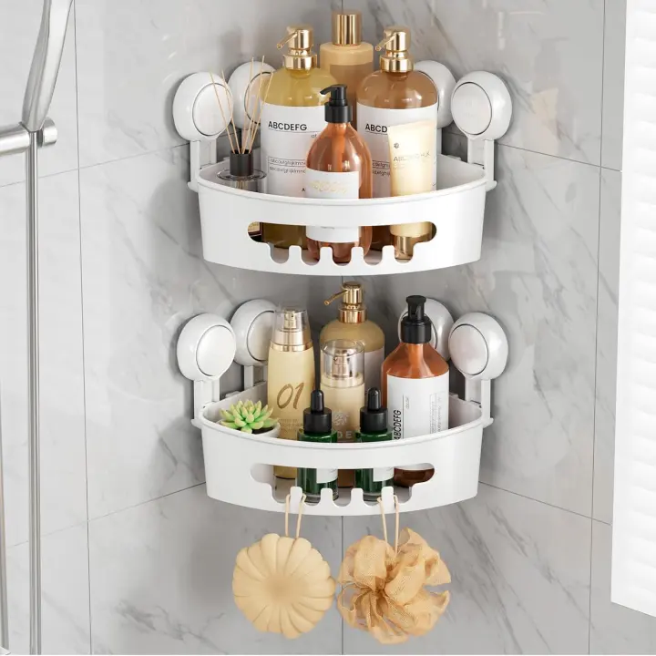 Suction Corner Shower Caddy — Wall-Mounted Plastic Organizer