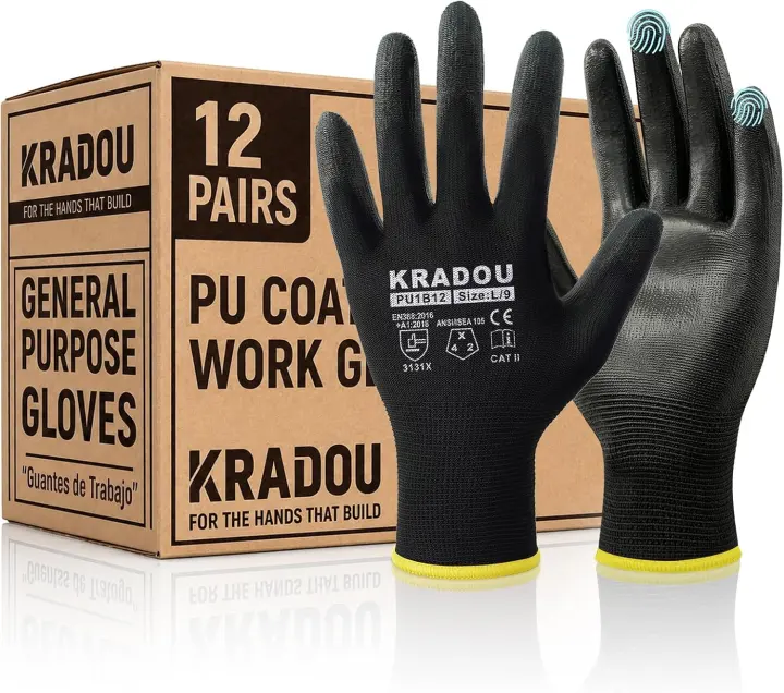 Touchscreen PU-Coated Work Gloves — 12 Pairs (Large)