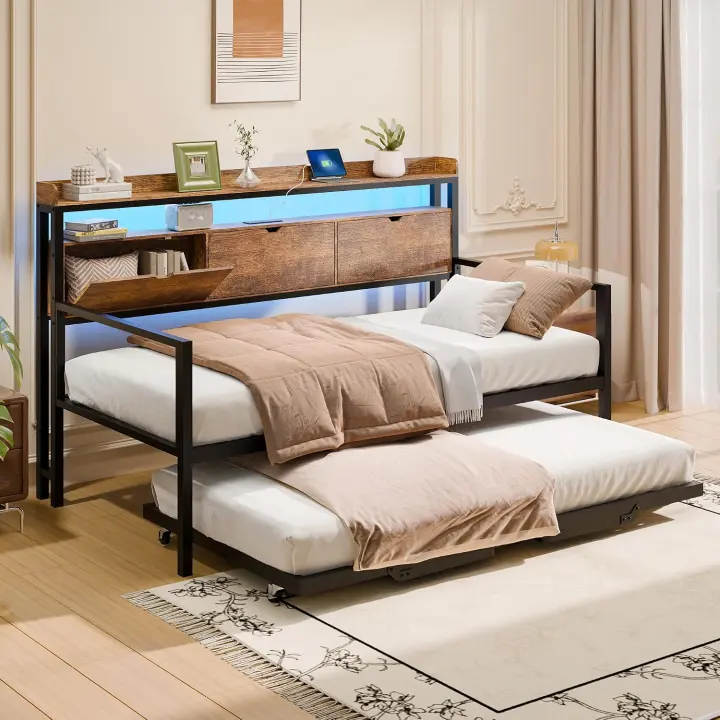 Twin Metal Daybed with Pop-Up Trundle — Expandable Twin-to-King Frame