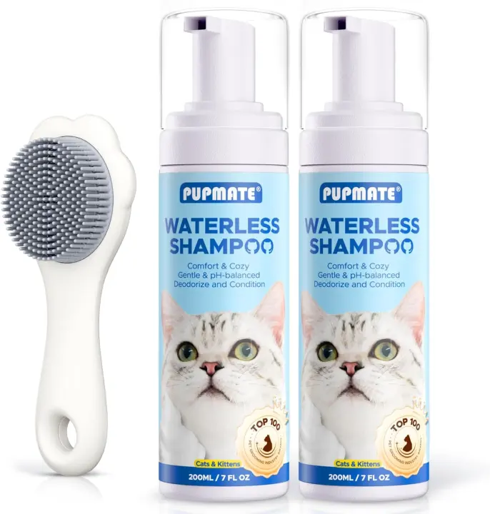 Waterless Cat Shampoo + Grooming Brush — No-Rinse Foam Dry Shampoo