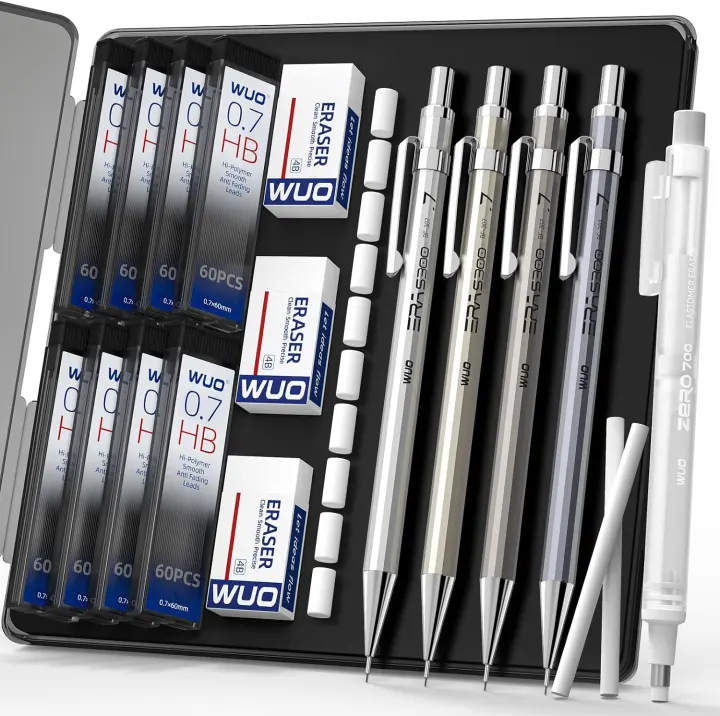 WUO 0.7mm Metal Mechanical Pencil Set — 4-Pack with Eraser Pen & Case