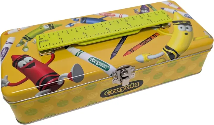 Yellow Metal Pencil Case with Ruler Handle and Secure Clasp