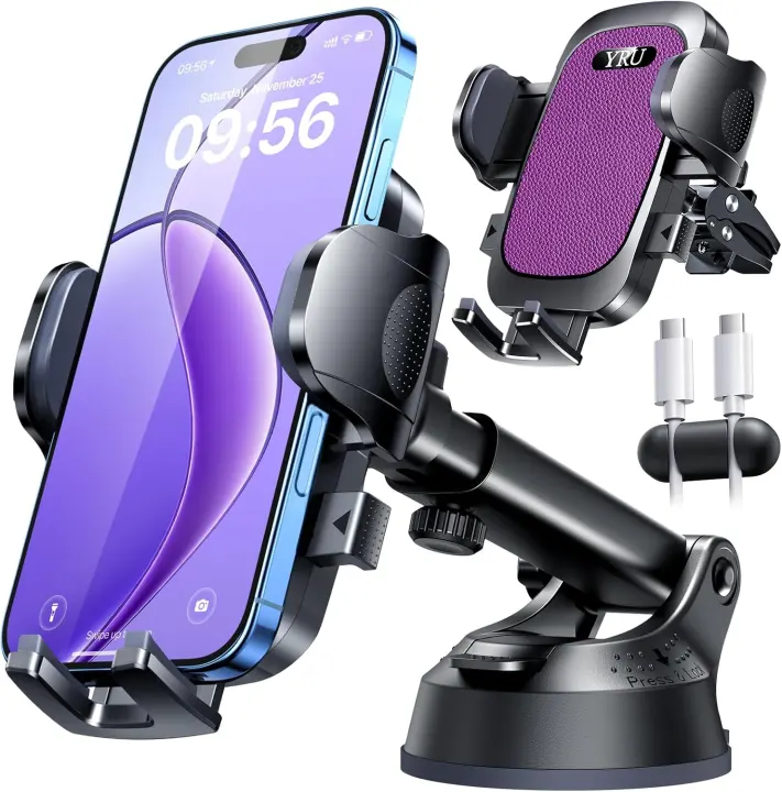 YRU Heavy-Duty 360° Car Phone Mount — Suction + Vent Clip