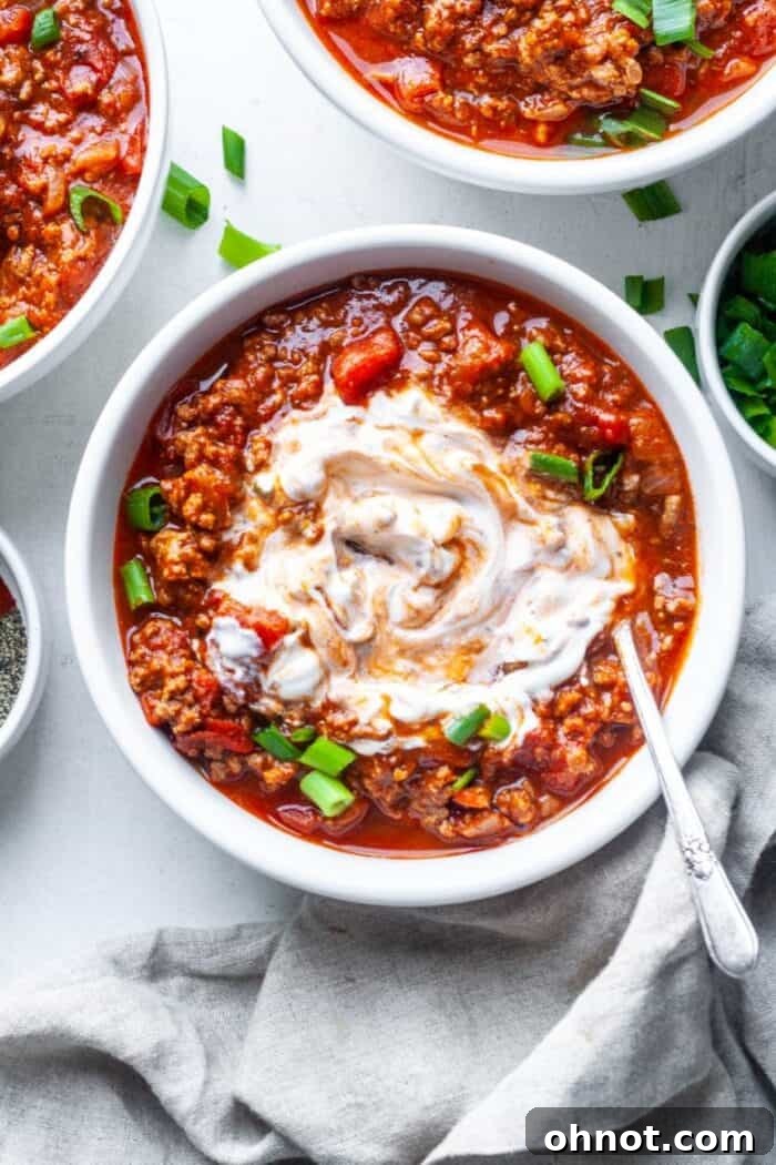 Chili without beans in bowl - after Lightroom editing
