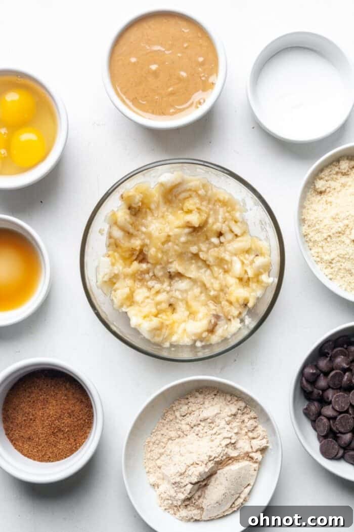 Ingredients for healthy banana protein muffins laid out.