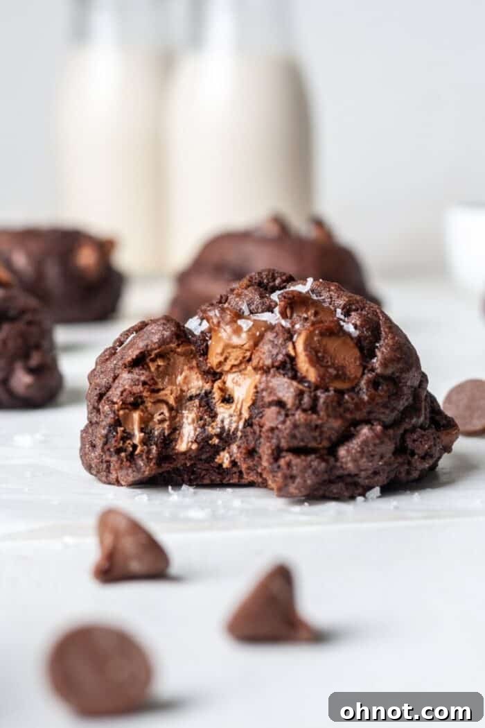 Thick gluten free double chocolate cookies with chocolate chips on a baking sheet