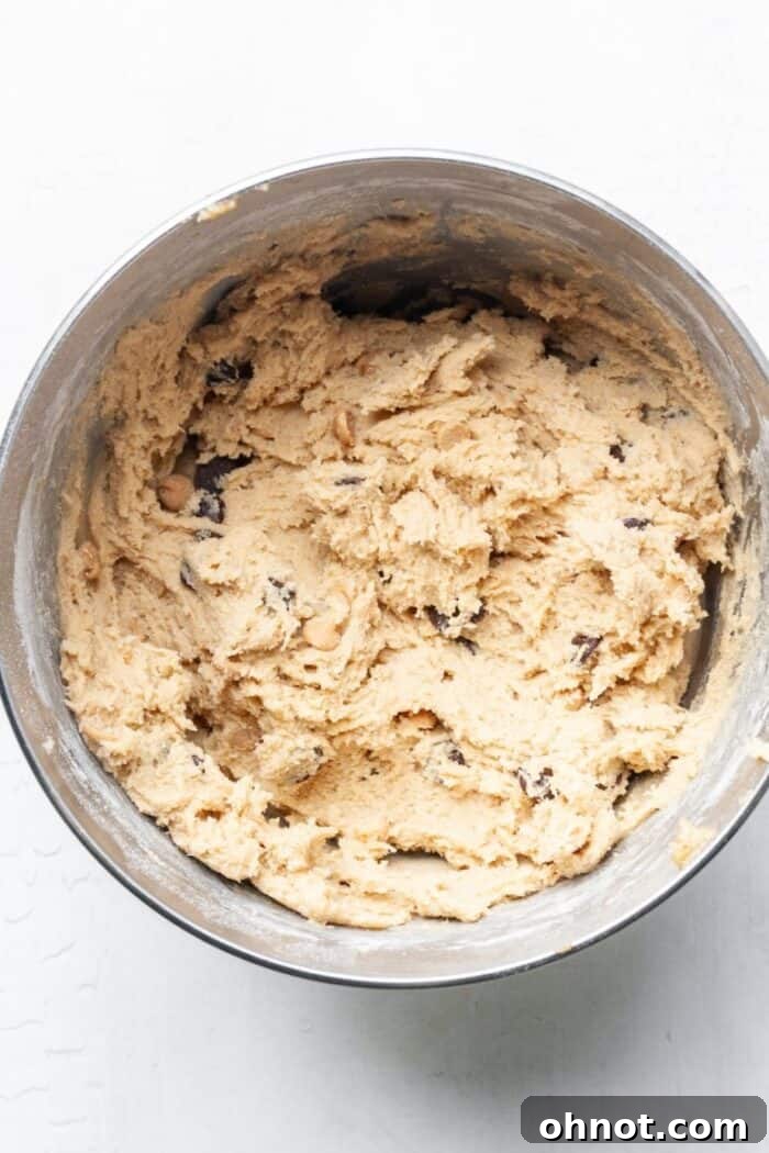Peanut butter cookie dough with dark chocolate and peanut butter chips folded in.