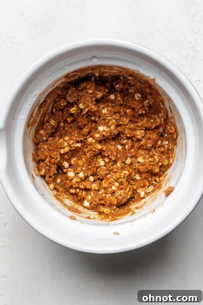 Oatmeal cookie dough with peanut butter in a bowl, demonstrating the combined dry and wet ingredients.