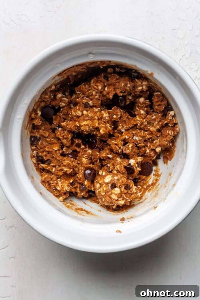 Oatmeal chocolate chip cookie dough in bowl, showcasing the final mixture with chocolate chips.