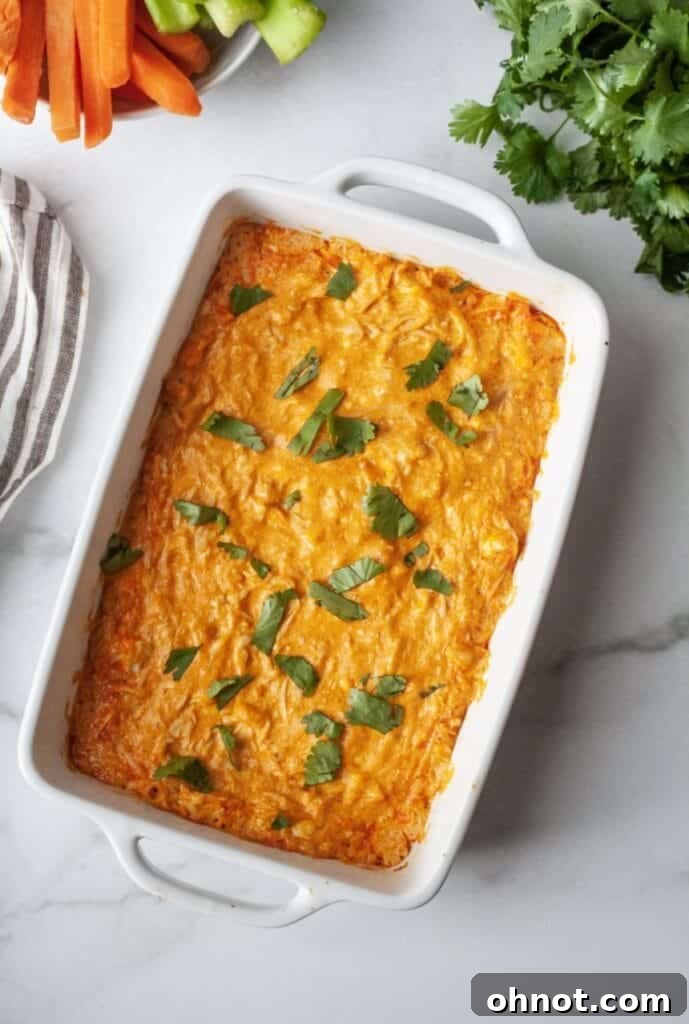 Creamy dairy-free buffalo chicken dip in a white casserole dish, garnished with fresh herbs and served with carrots and celery sticks.
