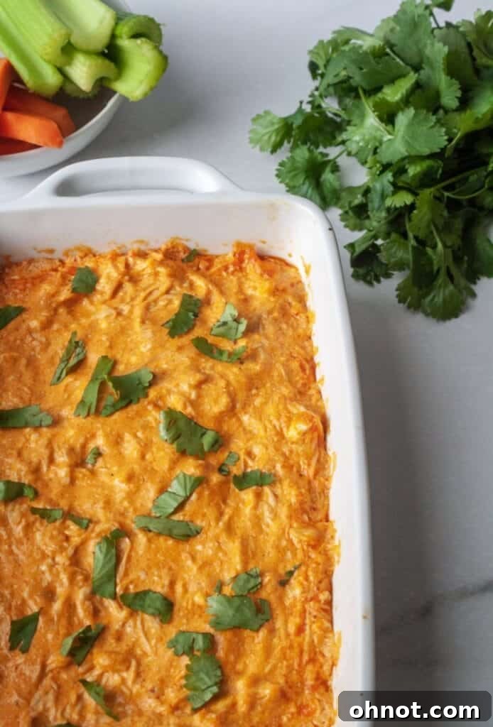 A large pan of Whole30 compliant dairy-free buffalo chicken dip, freshly baked and piping hot.